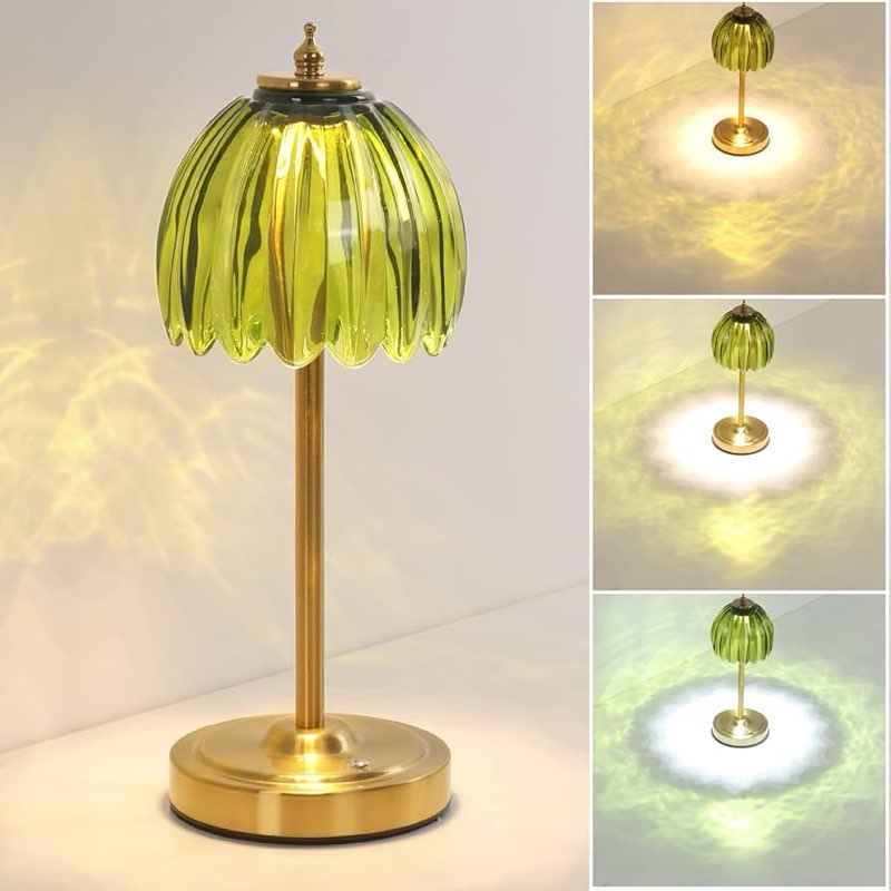 Tulip Table Lamp with 5000mAh Battery & Touch Control, Small Cordless Table Lamp with 3 Colors, Dimmable Rechargeable Battery Operated Table Lamps for Bedroom, Bedside, Desk (Green Tulip)