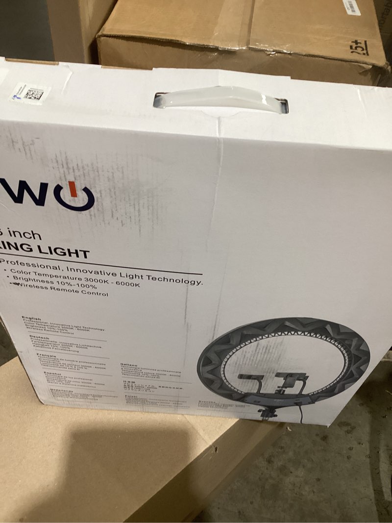 Condition photo showing As Is for gwo 18 inch led ring light with tripod stand 6000k dimmable makeup selfie light with touch panel phone holders for youtube vlog video shooting include carrying bag and remote control cri>90