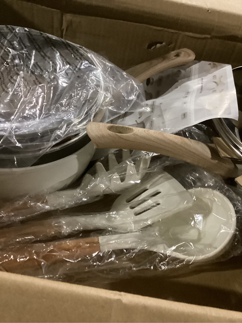 Condition photo showing New/Like New for 24-piece pots and pans set non stick, titanium-reinforced ceramic cookware set, long-lasting nonstick, pfas-free, induction compatible, complete kitchen set for everyday cooking 24-pc cream white