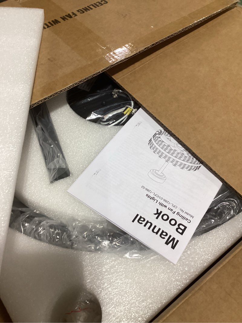 Condition photo showing New/Like New for CROSSIO 20'' Modern Caged Ceiling Fan with Light, Black Water Ripple Glass LED Flush Mount Ceiling Fan with Lights and Remote, 6 Speeds Enclosed Fandelier for Bedroom Dining Room Living Room Black Acrylic Shade