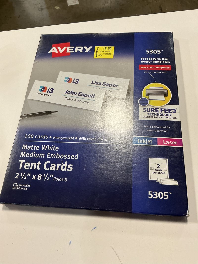Condition photo showing New/Like New for avery printable tent cards with sure feed technology  2.5  x 8.5   white with embossed border  100 blank place cards for laser or inkjet printers (5305)