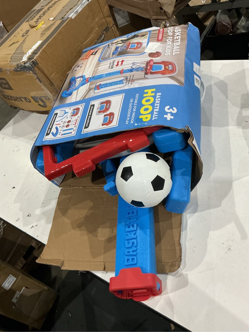 Condition photo showing As Is for toddler basketball hoop,swimming pool basketball hoop, adjustable mini kids basketball & soccer goal with4balls & ball pumps for indoor, outdoor, pool, sports, birthday gifts for children