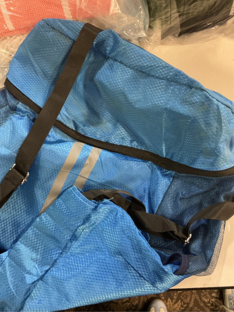 Condition photo showing As Is for drawstring gym bag with shoe compartment and side mesh pockets, waterproof sports drawstring backpack, wet and dry separation string backpack for women men, suitable for fitness, swimming, football
