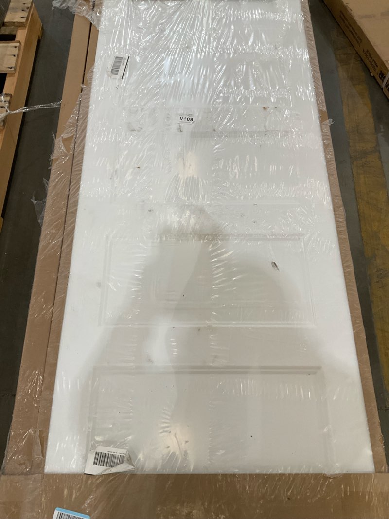 Condition photo showing As Is for barnsmith 60x80 in 5-panel bypass sliding closet door, white primed door slab with bypass closet tra