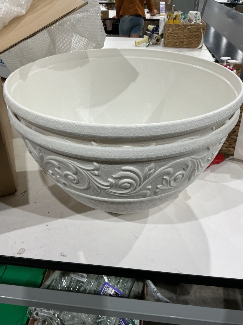 Condition photo showing Good Condition for 17.7 inch large outdoor planters with drainage holes, set of 2, decorative pedestal flower pots for garden, patio or faux plants, classical holy grail style (white)
