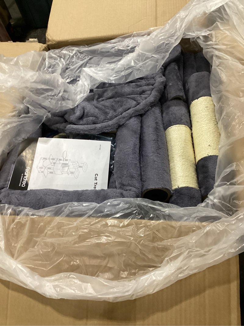 Condition photo showing New/Like New for feandrea cat tree, 81.1-inch large cat tower, multi-level plush condo with 13 scratching posts, 2 perches, 2 caves, basket, hammock, pompoms, smoky gray upct190g01 xxl (23.6"l x 19.7"w x 81.1"h) smoky gray