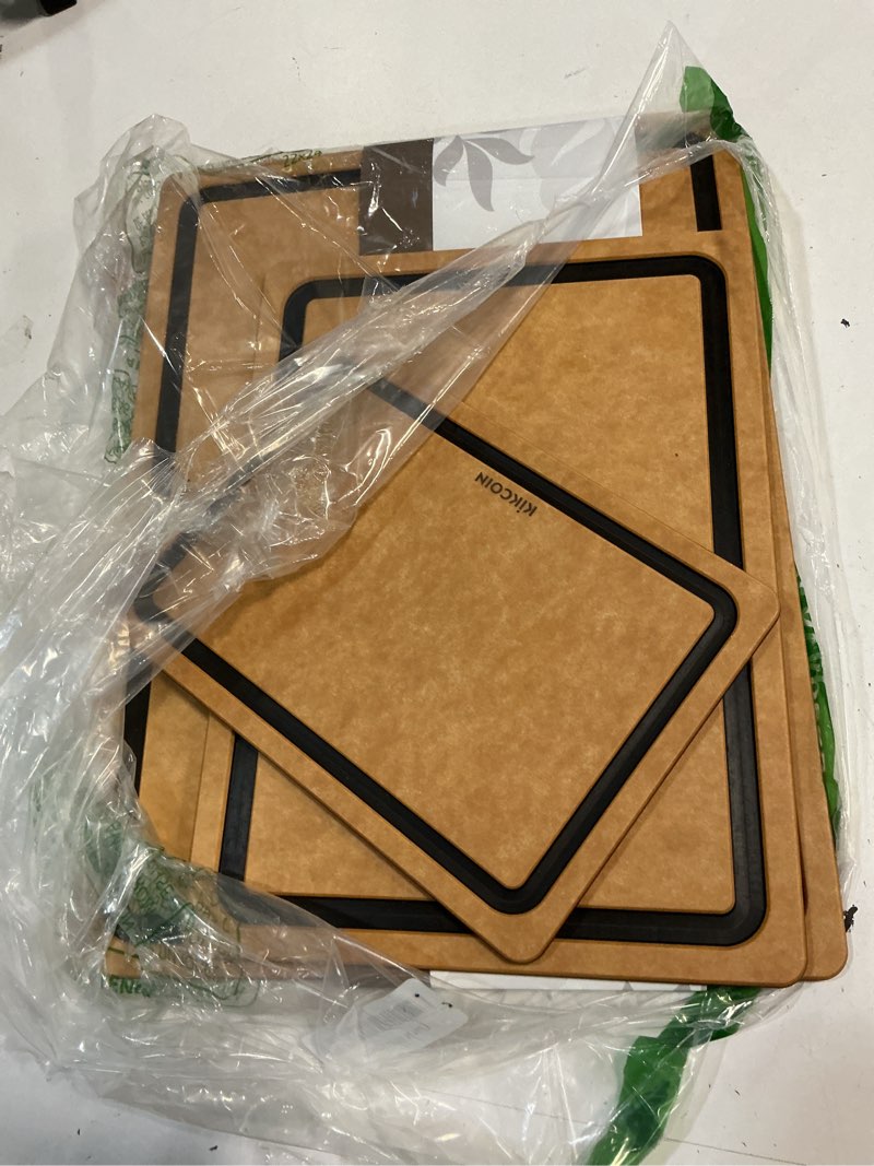 Condition photo showing As Is for kikcoin wood cutting board set of 3, cutting boards for kitchen with holder dishwasher safe non-slip chopping board with juice groove, wood fiber composite cutting boards rectangular set of 3