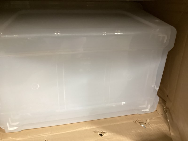 Condition photo showing Good Condition for iris usa 72 qt stackable plastic storage bins with lids, 6 pack - bpa-free, made in usa - see-through organizing solution, latches, durable nestable containers, secure pull handle - clear clear 72 qt 6 pack