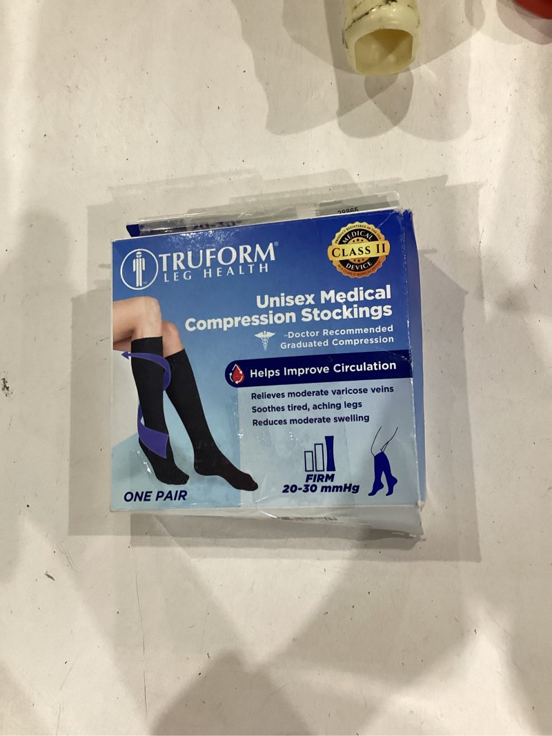 Condition photo showing As Is for truform firm strength compression socks, knee high, closed toe, black, large