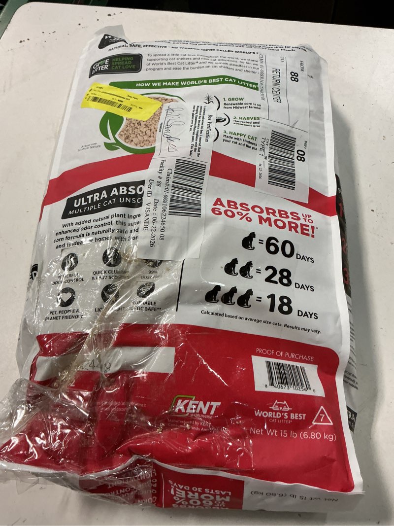 Condition photo showing As Is for world’s best cat litter® ultra absorb™ unscented, made from corn, quick clumping, flushable, 99% dust free, long-lasting odor control & easy scooping, 15 pound bag
