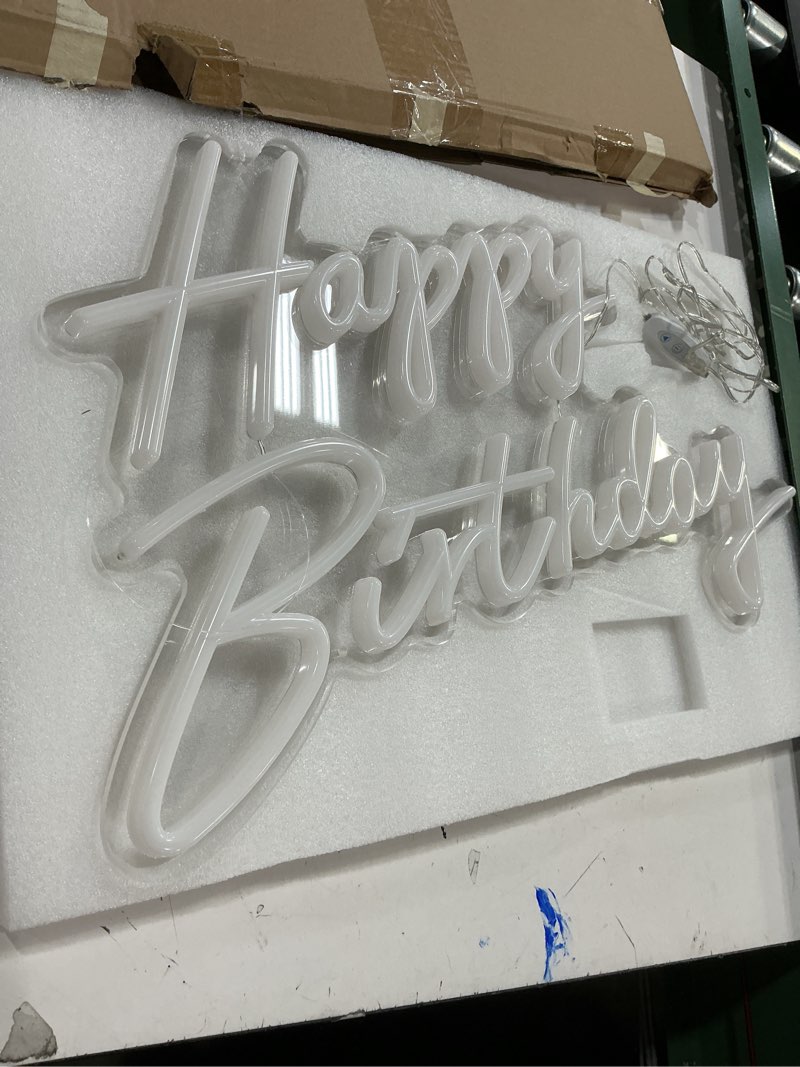 Condition photo showing As Is for Happy Birthday Neon Sign, 22.4"x13.8" Happy Birthday Sign for Birthday Party Decor, Happy Birthday Light Up Led Signs for Backdrop, Neon Birthday Sign for Any Ages Bday Celebration, Warm White DIVATLA