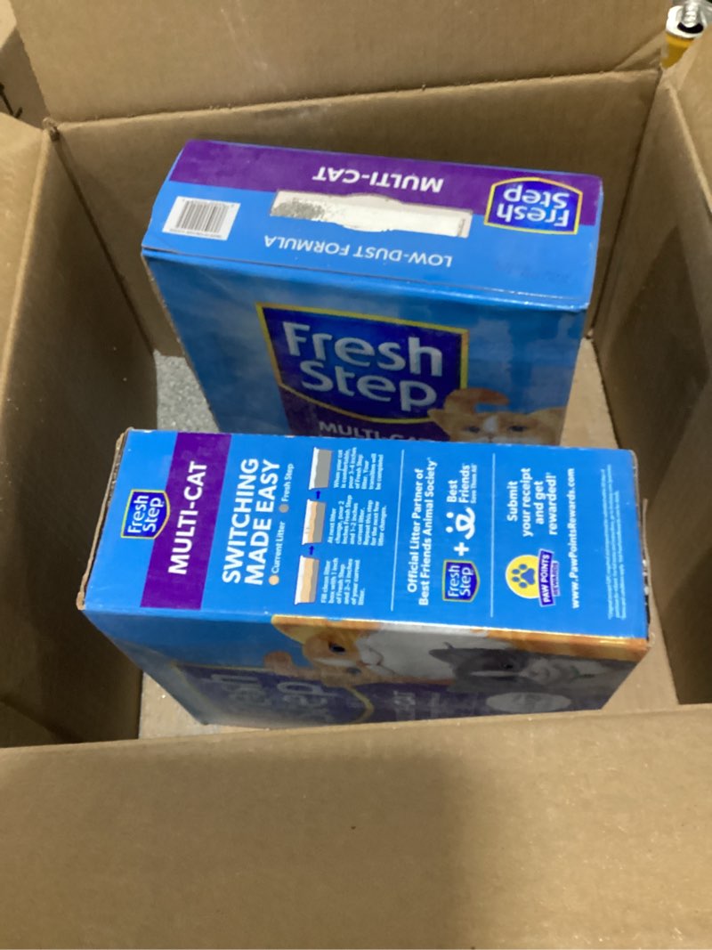 Condition photo showing As Is for Fresh Step Clumping Cat Litter, Multi-Cat, Long Lasting Odor Control Kitty Litter with Activated Charcoal, Low Dust Formula, 14 lb Febreze Freshness 14 lb