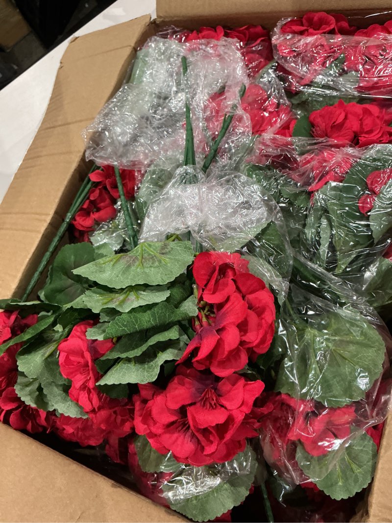 Condition photo showing Good Condition for hananona 24 pcs artificial geranium flowers for outdoors geranium silk red flowers outdoor uv resistant garden plants faux flower for christmas home kitchen table centerpieces decor (24, red) red 24