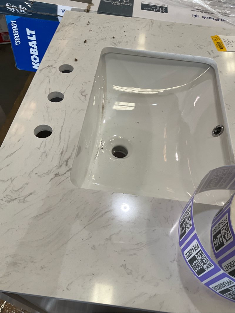 Condition photo showing As Is for  allen + roth sandbanks 30-in flaxen greige undermount single sink bathroom vanity