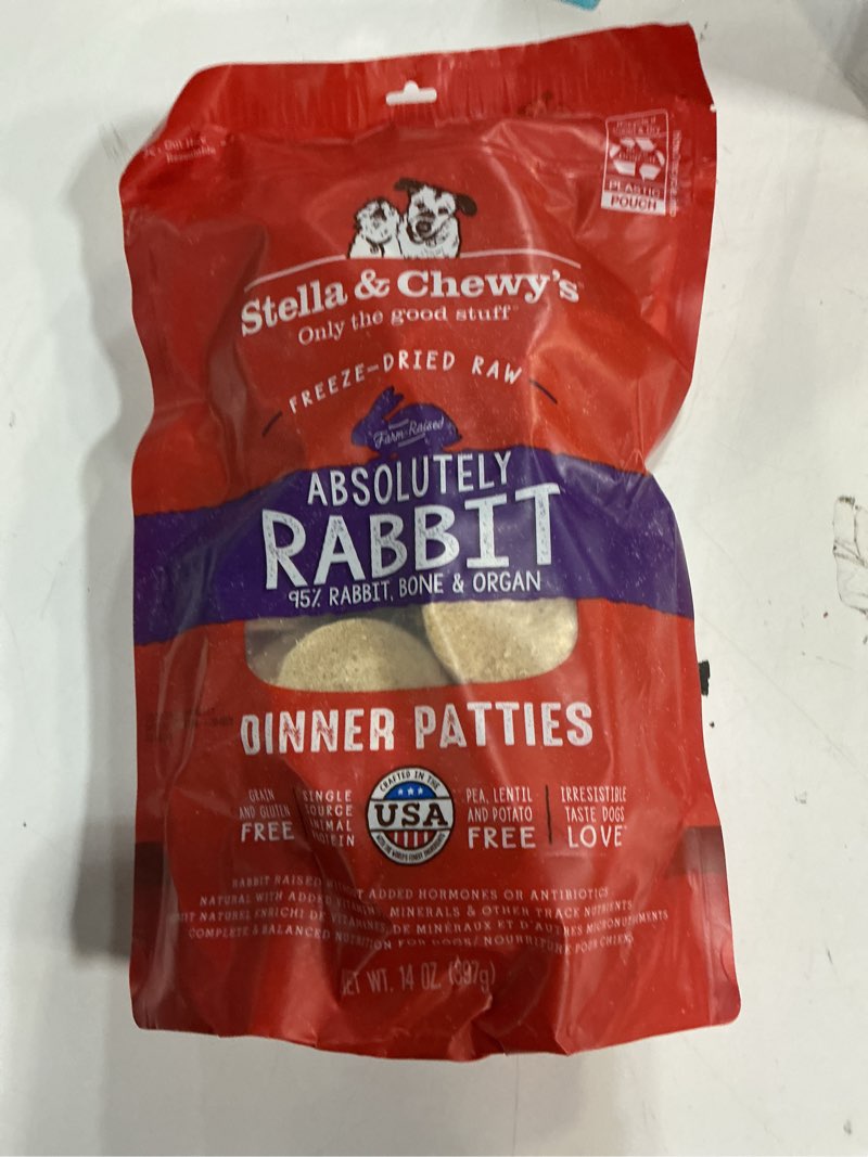 Condition photo showing Good Condition for (Best if used by: AUg -20-2025) Stella & Chewy's Freeze-Dried Raw Dinner Patties - Absolutely Rabbit Recipe - High Protein Grain-Free Puppy & Dog Food - Perfect For Picky Eaters - 14 oz Absolutely Rabbit 14 Ounce (Pack of 1)