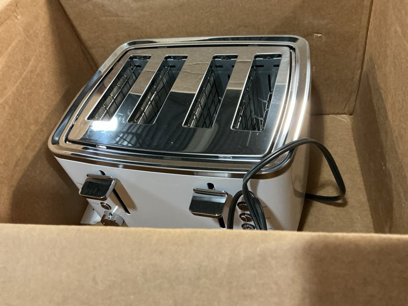 Condition photo showing As Is for ge 4 slice toaster | extra wide slots for bagels, breads, waffles & more | 7 shade options | countertop kitchen essentials | 1500 watt, white 4-slice white