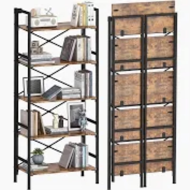 Folding Bookshelf,5 Tier Bookcase Foldable Shelf with X-Bracket Design, Adjustable Feet, Space Savin