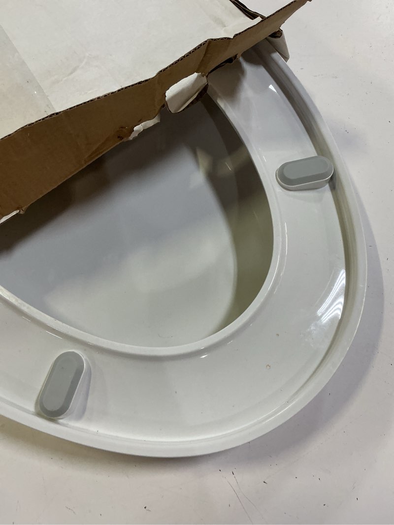 Condition photo showing As Is for elongated toilet seat, 18.5” soft/slow close oval (oblong) toilet seat for elongated toilets, no-slam quiet-close lid, easy-to-install & clean, durable never-loosen white plastic seat white elongated(oval)