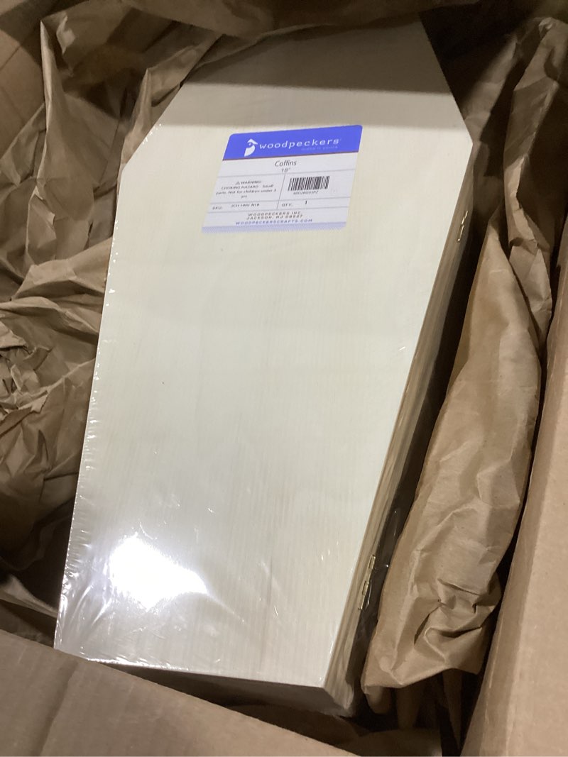 Condition photo showing As Is for Large Halloween Coffin Box Unfinished Wood, 17-3/4 inch, 1-Pack, for Halloween Crafts, Gift Box, Party Décor, or Pet Casket, by Woodpeckers 1 17-3/4 inch