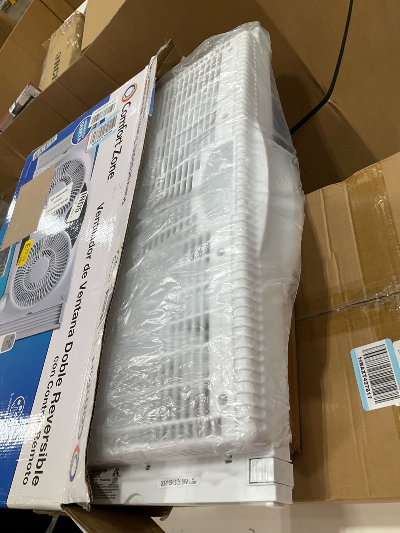 Condition photo showing Good Condition for comfort zone window fan for bedroom, 9 inch 3 speed dual fans with auto-locking expanders, 3 modes (cool, circulate, exhaust), remote control, fabric cover plus bug screen, white