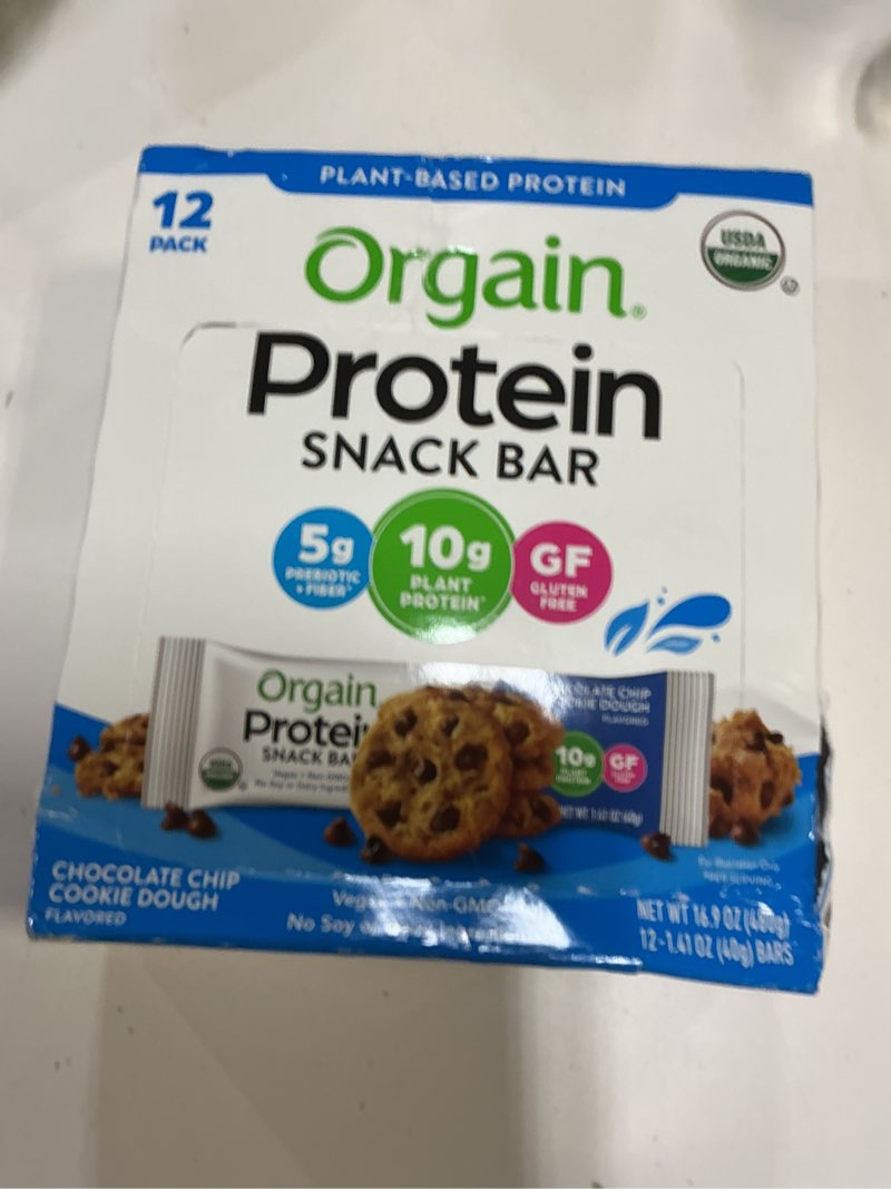 Condition photo showing Good Condition for (bbd 12/09/26)  orgain organic vegan protein bars, chocolate chip cookie dough - 10g plant based protein, low calorie healthy snacks, no lactose or soy ingredients, gluten free, non-gmo - 1.41 oz (pack of 12)