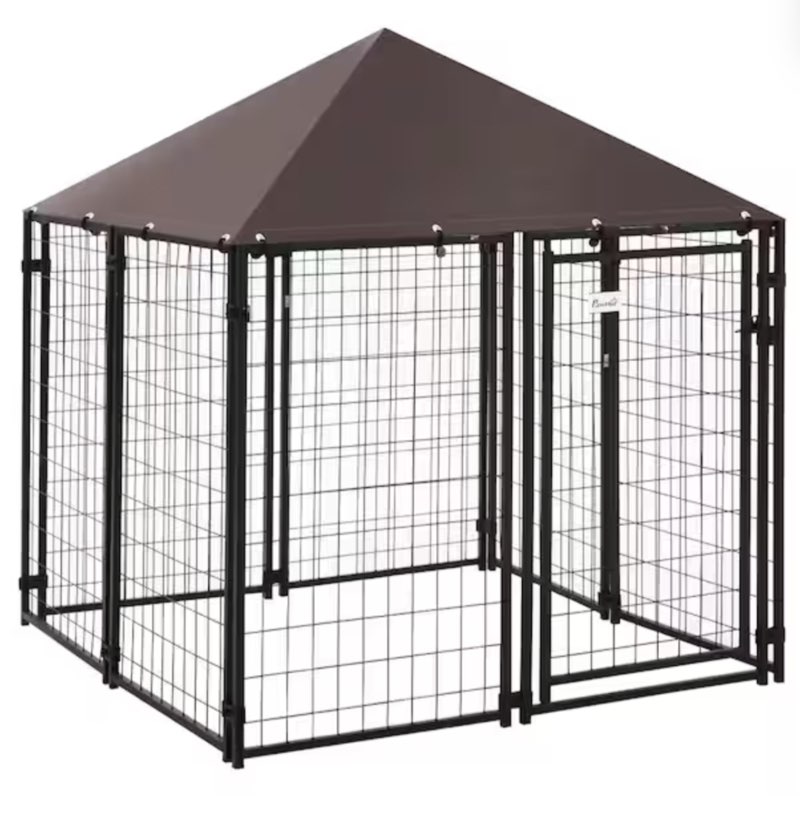 Black Metal Lockable Dog House Kennel with Water-Resistant Roof