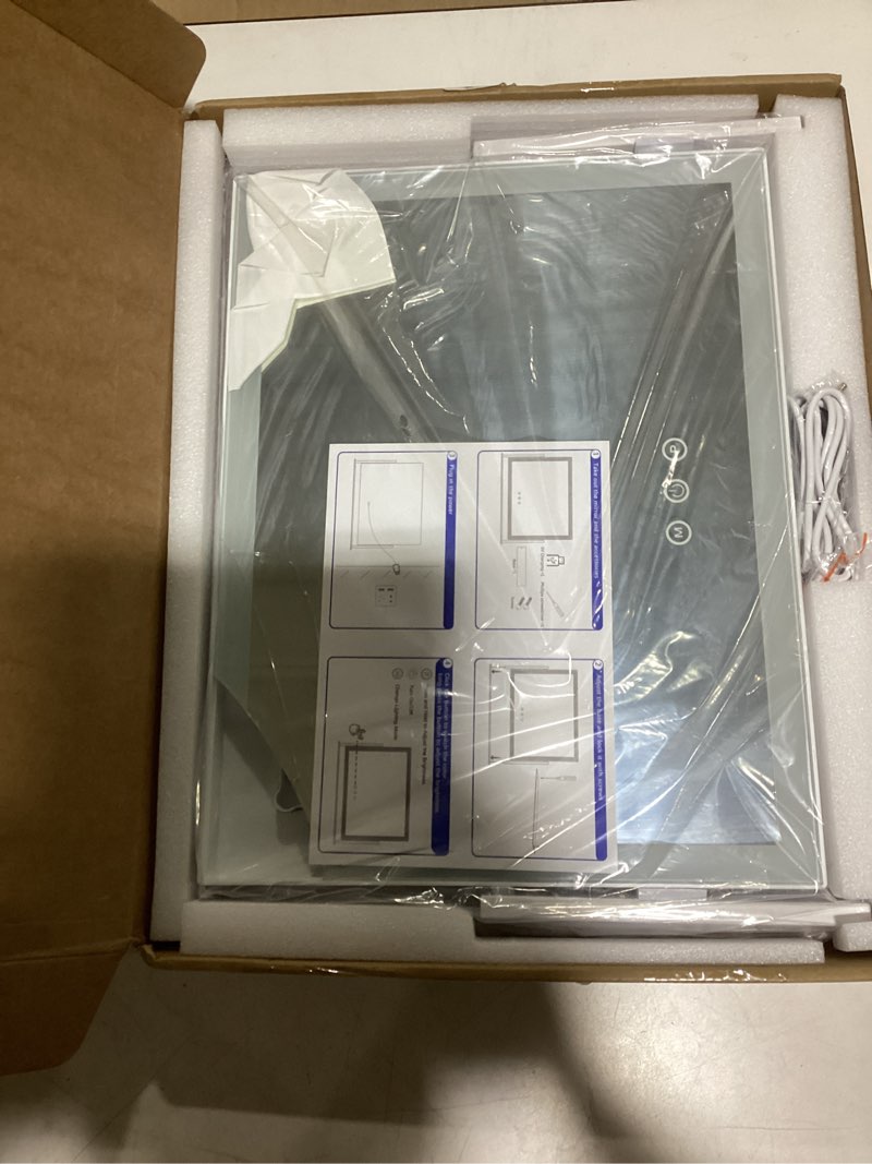 Condition photo showing As Is for Damaged FENNIO Vanity Mirror with Lights 13'' x 17'' Makeup Mirror with Lights,Vanity Mirror Touch Screen with 3-Color Lighting,Dimmable,for Vanity Desk Bedroom White White 16.5\"L x 12.5\"W