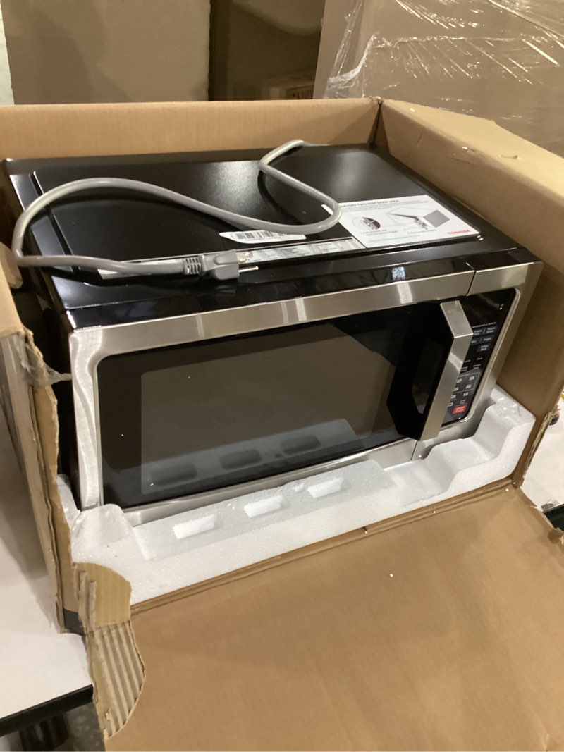 Condition photo showing As Is for toshiba em131a5c-ss countertop microwave ovens 1.2 cu ft with 12.4" removable turntable smart humidity sensor, 12 auto menus mute function eco mode easy clean interior, 1000w, silver 1.20 cu.ft