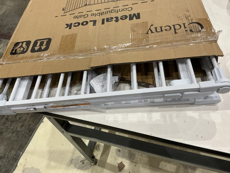 Condition photo showing Good Condition for 78" extra wide baby gate, dog gates indoor for doorways stairs, essential safety gate for child, hardware mounted adjustable pet gate with anti-trip pedal, 28'' tall 3 metal panels white white 78" wide