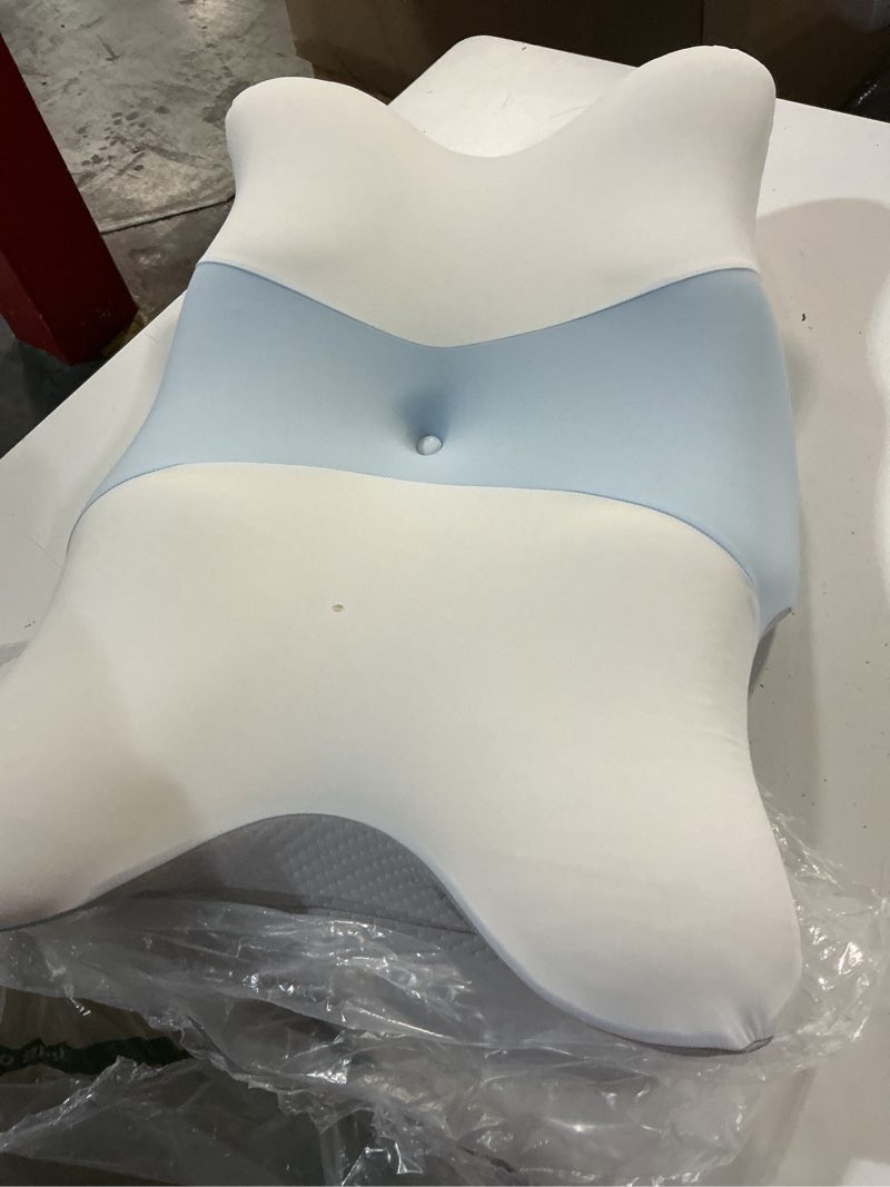 Condition photo showing As Is for cervical pillow for neck and shoulder pain relief - ergonomic neck pillow for sleeping, contour memory foam pillows side sleeper pillow for neck support, bed pillow for side back stomach sleepers white & blue