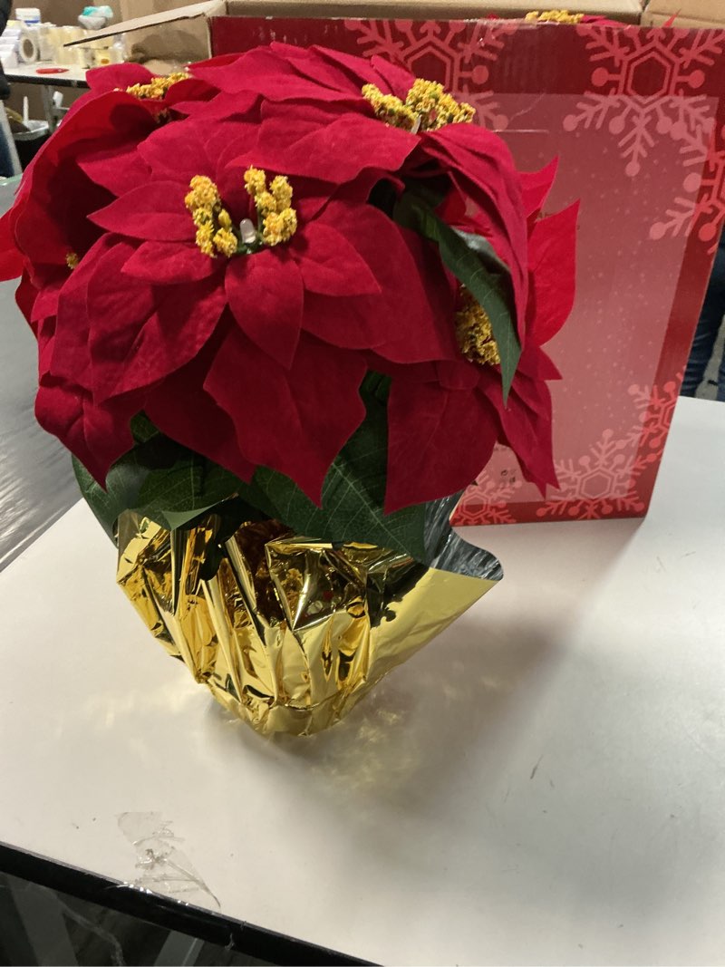Condition photo showing Good Condition for 2 Pack 18" Lighted Large Artificial Poinsettias for Outdoors LED Poinsettia Flowers Artificial Faux Poinsettia Plants Poinsettia Christmas Decorations for Office Home Kitchen Decor Red 18