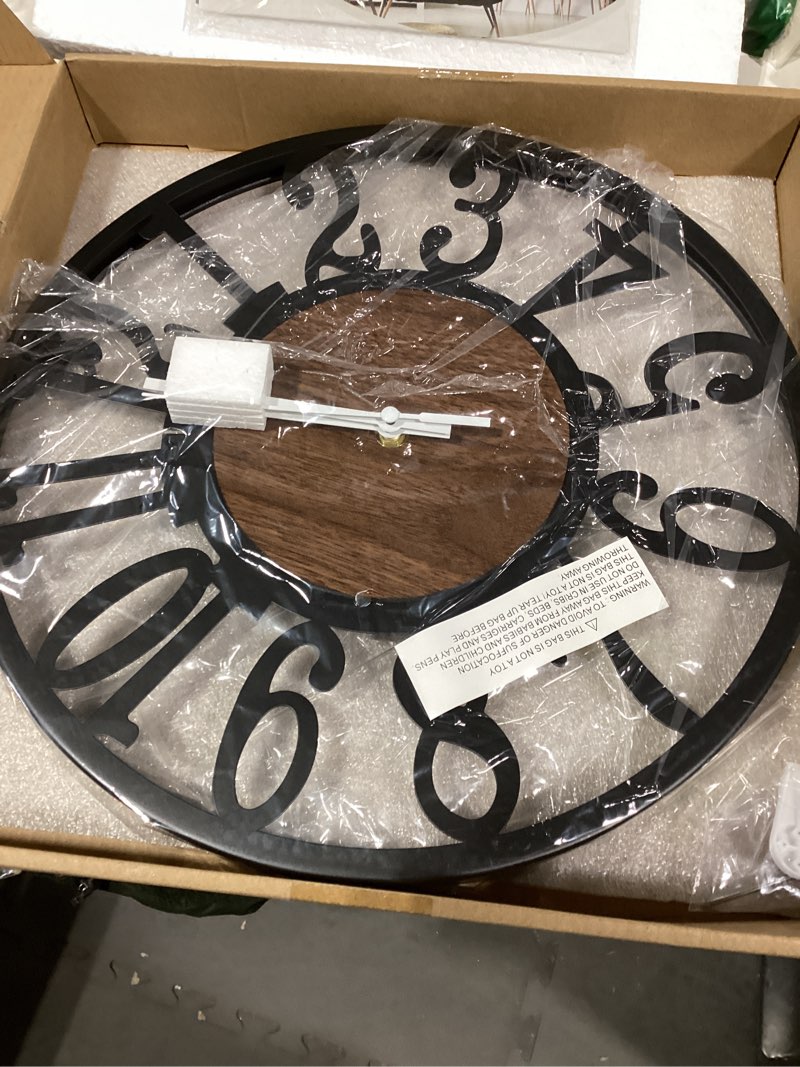 Condition photo showing Good Condition for Maxstar Round Wall Clock for Living Room Decor Battery Operated Non Ticking Silent Vintage Black Metal Wood Clocks for Home Living Room Garden Farmhouse Office Kitchen Decoration -13 inch Black-arabic Numerals 13 Inch