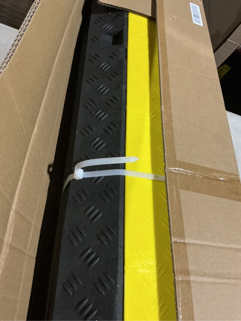 Condition photo showing As Is for reliancer 3 pack dual channel rubber cable protector ramp 2 channel traffic speed bump 11000lbs capacity heavy duty driveway hose cover ramp cord track protector wires concealer w/flip-open top cover 3 pack 2-channel ramp