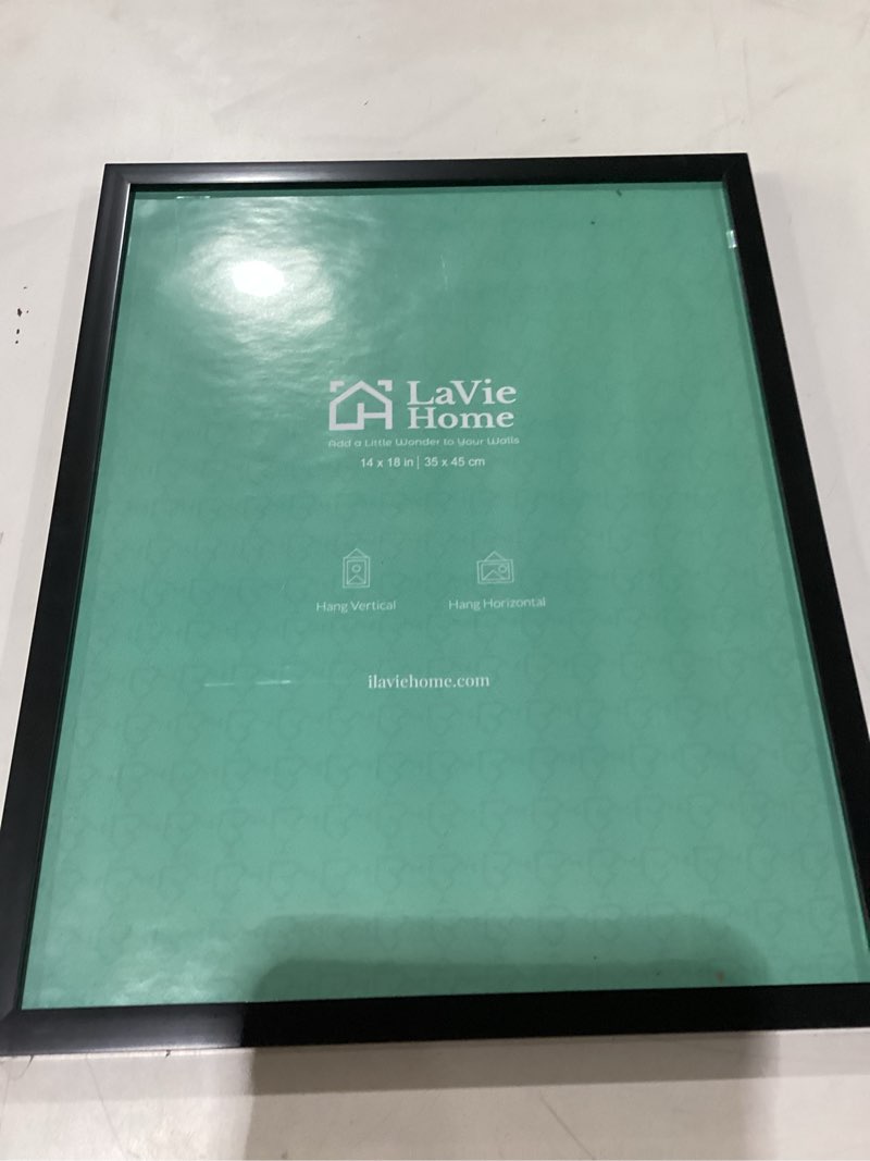 Condition photo showing Good Condition for Simular to stock photo LaVie Home 14x18 Picture Frame Black Poster Frame,Display Pictures 12x16 with Mat or 14x18 Without Mat, Stable and Sturdy Frame and Polished Plexiglass, Horizontal and Vertical Format of The Walls 14x18 Black