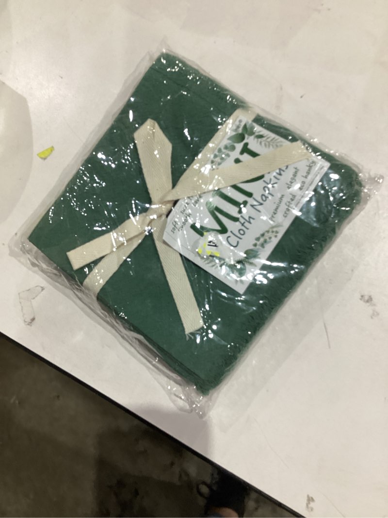 Condition photo showing New/Like New for Urby Eco Hanky 10x10in Reusable Cotton Napkins (Rustic Fringe). Small Cloth Napkins. Ideal Use As Kids Napkins for Lunch.Dinners.Occasions Like Weddings,Birthday,Cocktail Parties. (DGN,12pk). Pine Green 12