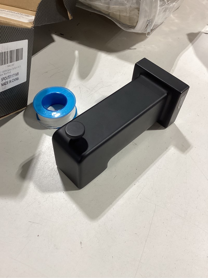Condition photo showing Good Condition for slip on diverter tub spout, sleek square design for bathroom, fits 1/2" copper pipe (5/8" od), child-safe rounded edges, easy installation, matte black