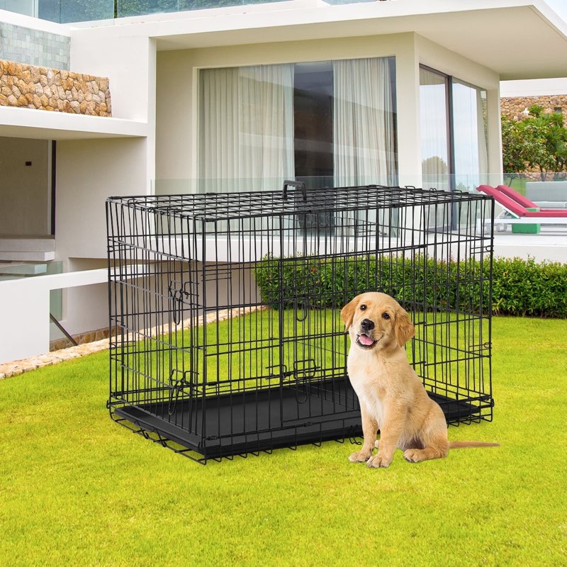 30 inch dog crate for small dogs, folding metal wire crates dog kennels outdoor and indoor pet crate with double-door, black