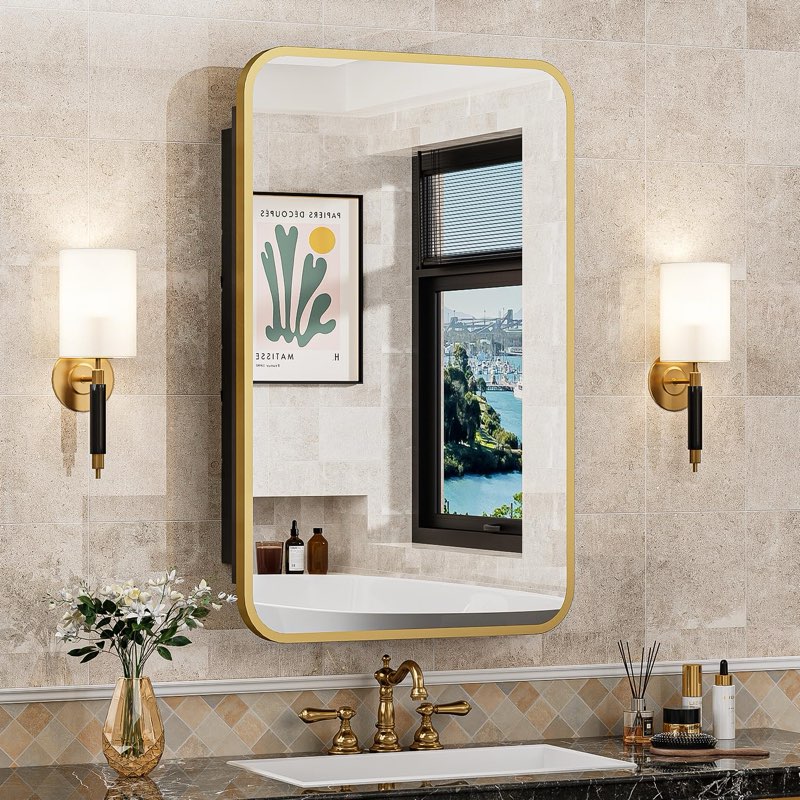 ACEMIRO -Medicine Cabinet for Bathroom, Gold Metal Frame, Recessed or Wall Mounted Mirrored Medicine Cabinet