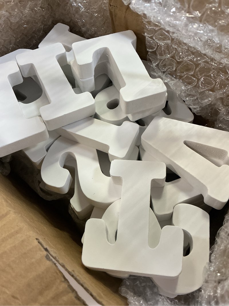 Condition photo showing As Is for 3 Inch 56 Pieces White Wood Letters Table Standing Alphabet Letters for Crafts Wedding Party Home Decor