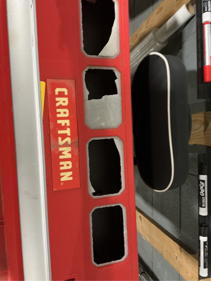 Condition photo showing As Is for used and damaged craftsman pro 26-in w x 12-in h x 11-in d red and black plastic tool box