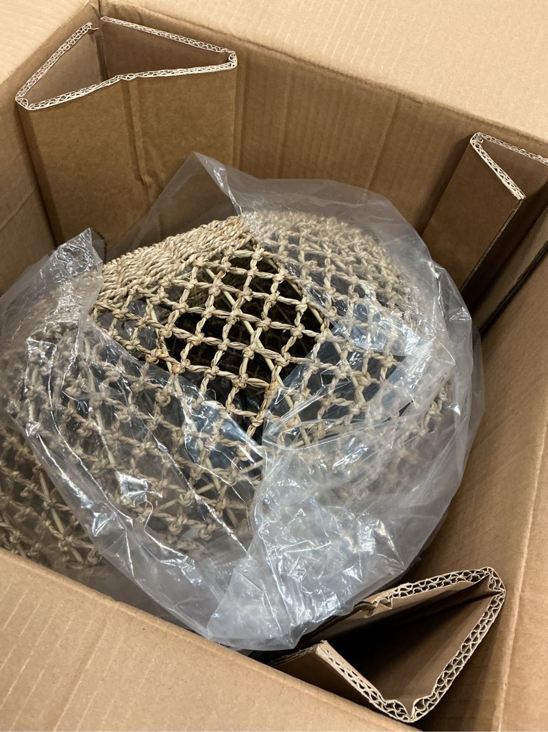 Condition photo showing Good Condition for 16.94" rattan pendant light fixture, 3-light woven wicker seagrass hanging lighting boho coasta rattan chandelier of kitchen island farmhouse dining room entryway foyer 3-light 16.94 inch