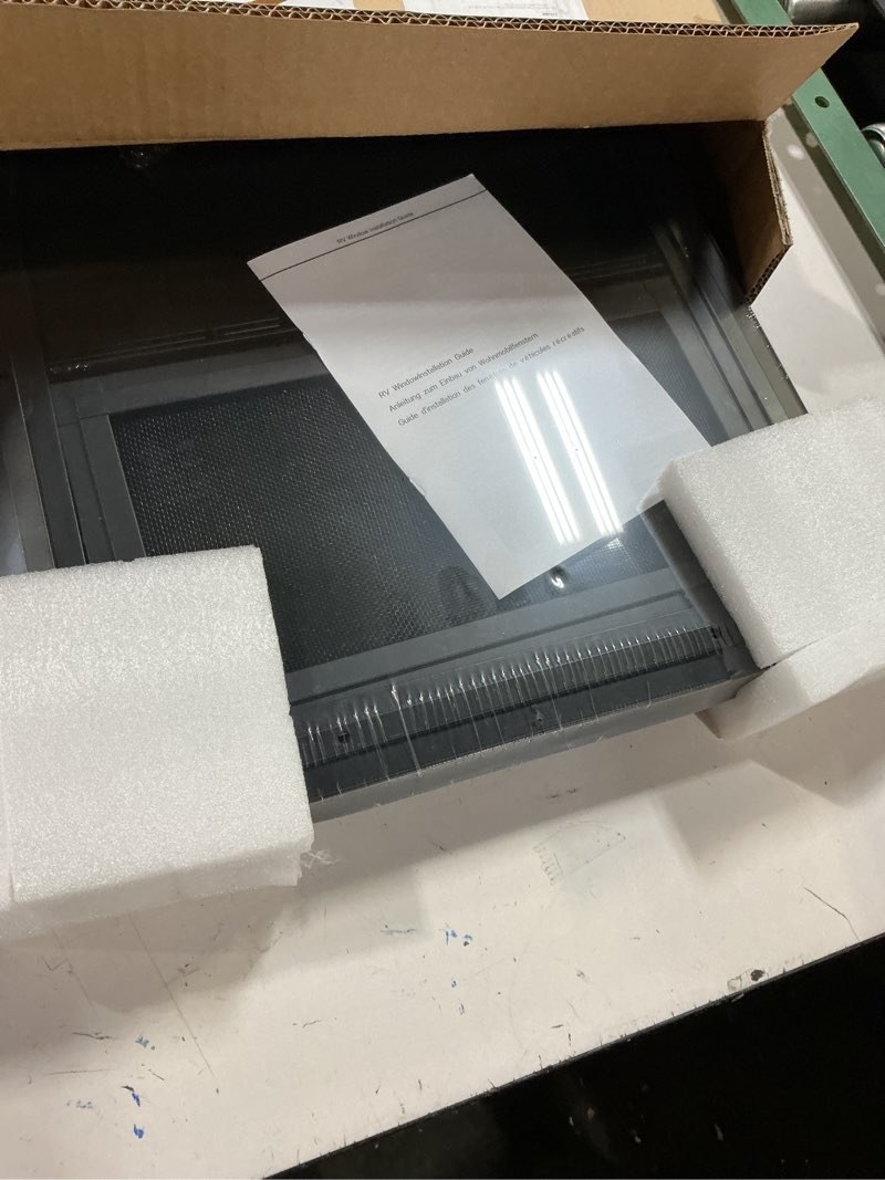 Condition photo showing New/Like New for vertical rv window 14" w x 16" h, replacement camper window, sliding teardrop window with net screen and trim rings, rv windows for cargo trailer, dot certification qualified 14"x16" vertical