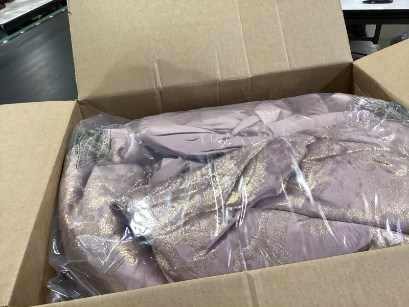 Condition photo showing Good Condition for sunshine nicole metallic print comforter set, distressed velvet face with metallic foil print and brushed solid microfiber reverse, with light weight soft poly fill, 3 pieces dusty mauve gold, queen dusty mauve gold queen