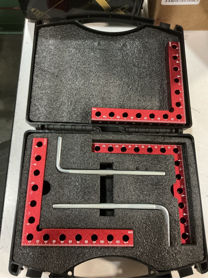 Condition photo showing As Is for wetols corner clamps for woodworking, 4pcs 5.5" aluminum alloy right angle clamp, spreader positioning squares with 6-sided scales, 90 degree clamp for cabinets, drawers, shelves, frames red