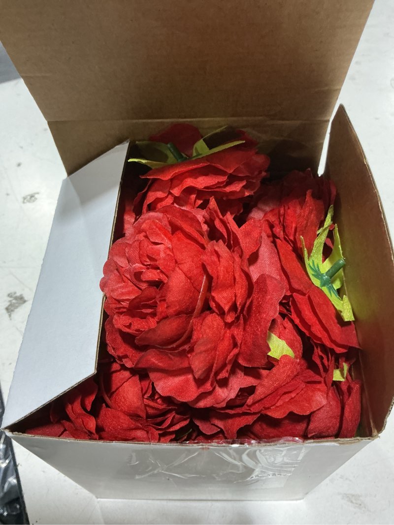 Condition photo showing Good Condition for 50 pcs artificial flowers, 3.2 inches silk rose head flowers fake no stem for wedding bridal bouquet home floral decor diy centerpieces arrangements party tables decoration(red)