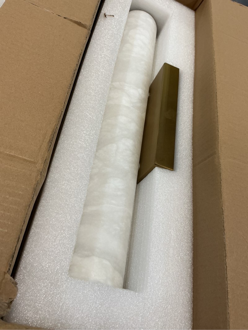 Condition photo showing As Is for Natural Alabaster Brass Wall Sconce - Luxury Modern Spanish Stone Sconces - Vanity Light Decor with Dimmable LED Strip - Brushed Black Indoor Lighting Fixture for Living Room Bedroom Bathroom Hallway Classic Black