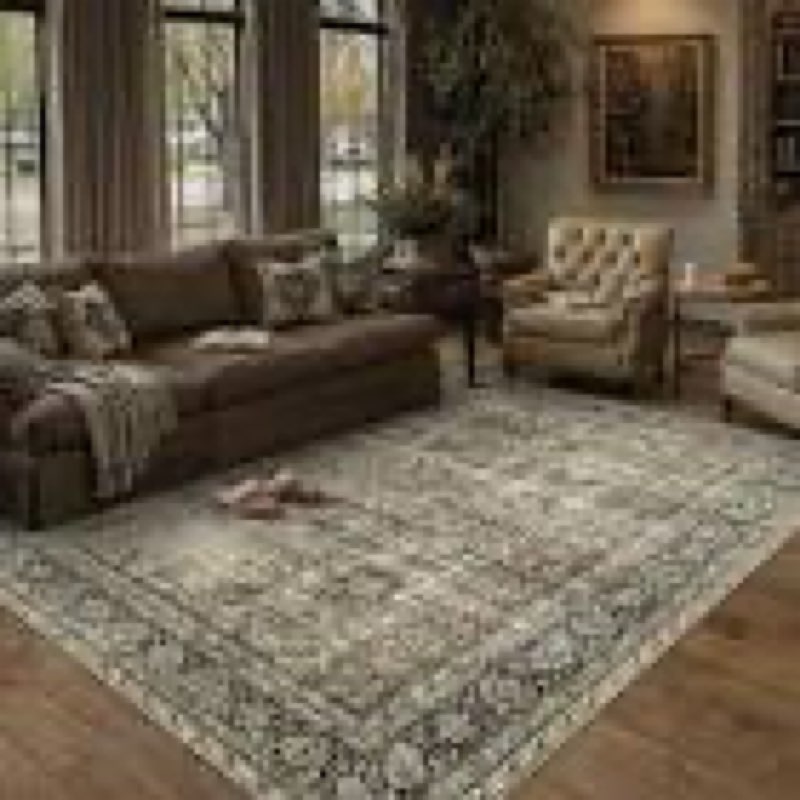 purecozy vintage area rug 9x12 beige washable living room large carpet non slip bedroom indoor office low pile traditional distressed retro accent rug for dining room 9' x 12' (rectangular) accent beige