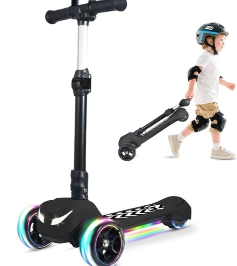 electric scooter for kids ages 3-12, full body lights up, wide deck, 3 adjustable heights, 5mph safe speed, 90min riding, foldable 3 wheel electric scooter for kids boys girls toddler