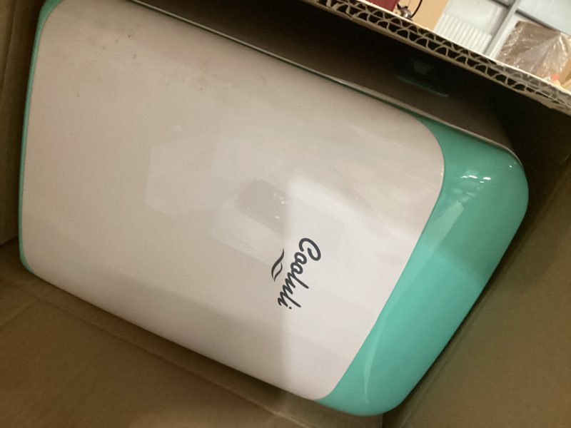 Condition photo showing As Is for cooluli 15l mini fridge for bedroom - car, office desk & college dorm room - 12v portable cooler & warmer for food, drinks, skincare, beauty, makeup & cosmetics - ac/dc small refrigerator (turquoise)