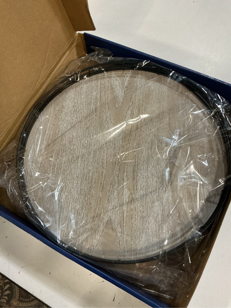 Condition photo showing New/Like New for 13" oak bathroom vanity tray turntable for perfume candle, round wooden decorative tray for kitchen sink countertop organizer, bathroom counter organizer for skincare makeup, rustic whitewashed white 13 inches